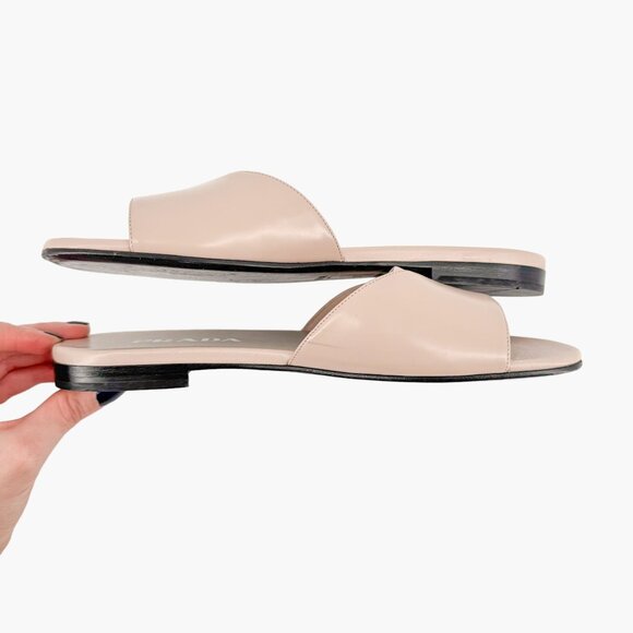 Prada Logo Cutout Flat Mule Sandals EU 37 US 7 Beige Tan Leather Slip On Slide - Picture 8 of 13